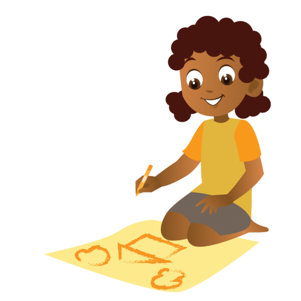 Image shows cartoon image of a young child with curly dark brown hair in a yellow t shirt drawing a picture on yellow paper.