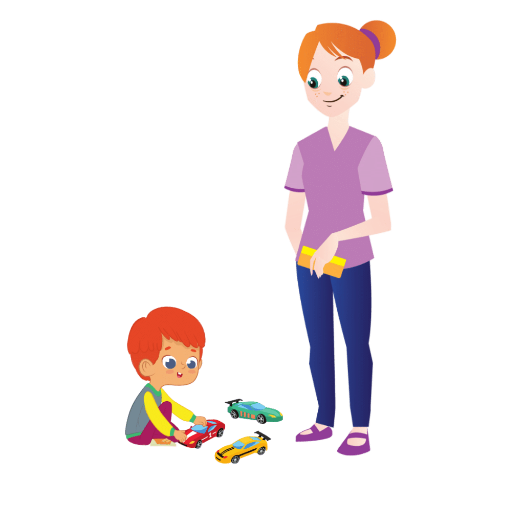 Image: A young child with red hair playing with toy cars. His mother is standing next to him smiling.