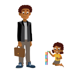 Image: A young child with red hair playing with toy cars. His mother is standing next to him smiling.